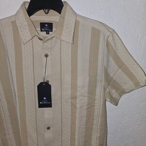 NEW Ben Sherman Men's Safari Shirt Beige Stripe Knit Button Up Short Sleeve M